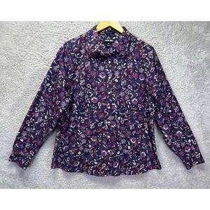 Lands End Women's No Iron Supmia Button Up Shirt 16 Blue Purple Floral Office‎